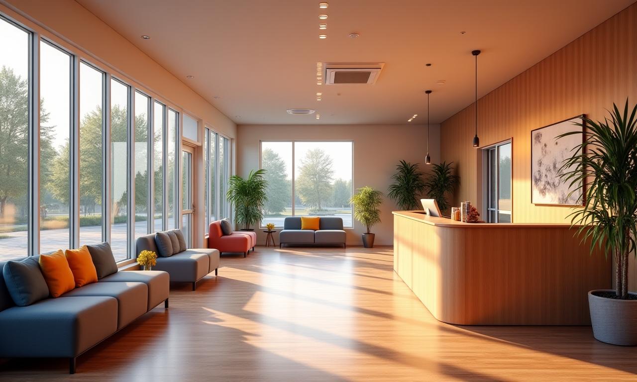 The bright and welcoming reception and comfortable lounge area.
