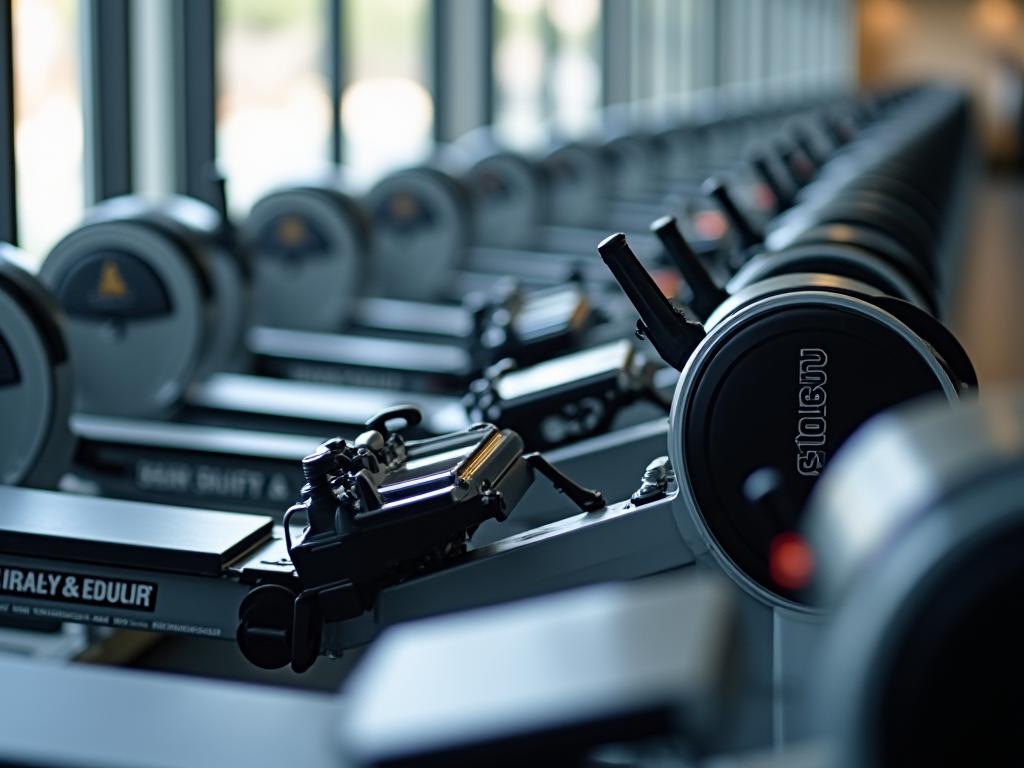 A neat line of modern rowing machines ready for vigorous use.