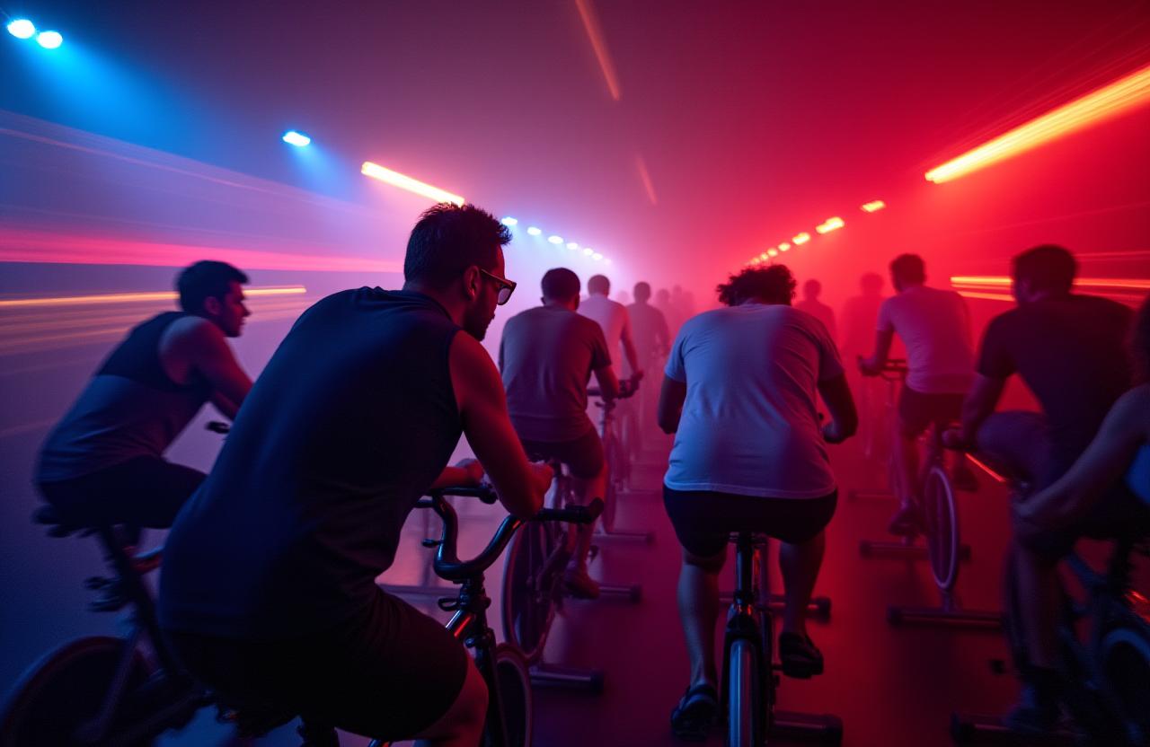 High-energy spin class illuminated by colorful lighting.